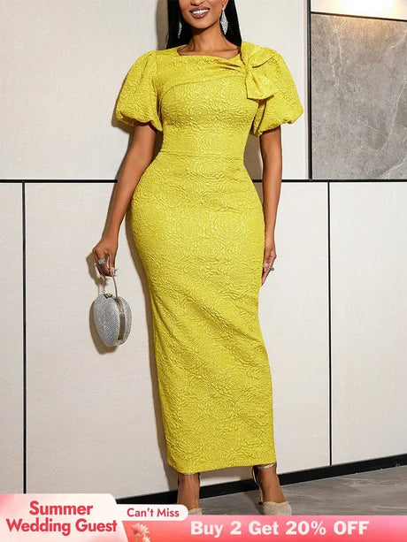 AOMEIDRESS Bodycon Dress Jacquard O Neck Bow Short Puff Sleeves Party