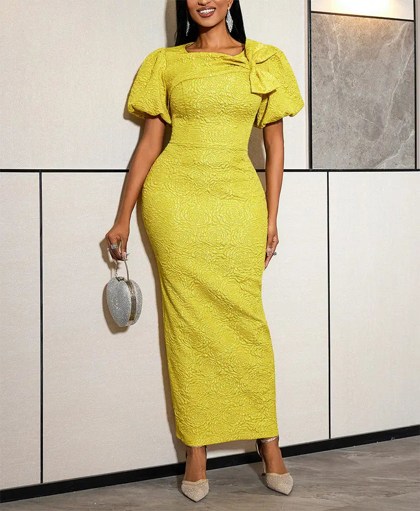 Women Elegant Bodycon Dress Jacquard O Neck Bow Short Puff Sleeve Waist Party – AOMEI DRESS
