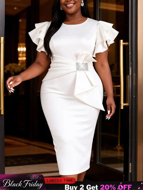 AOMEIDRESS White Bodycon Dress Ruffles Sleeves Rhinestone Waist Party - White / 0XL