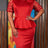 AOMEIDRESS Bodycon Dress O Neck Sheer Sleeves with 3D Flower Ruffles - Red / L