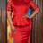 AOMEIDRESS Bodycon Dress O Neck Sheer Sleeves with 3D Flower Ruffles - Red / L