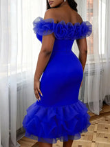 AOMEIDRESS Bodycon Dress Off Shoulder Tiered Ruffled Patchwork Mesh