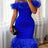 AOMEIDRESS Bodycon Dress Off Shoulder Tiered Ruffled Patchwork Mesh - Blue / S