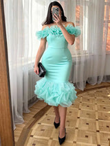 AOMEIDRESS Bodycon Dress Off Shoulder Tiered Ruffled Patchwork Mesh - MintGreen / S