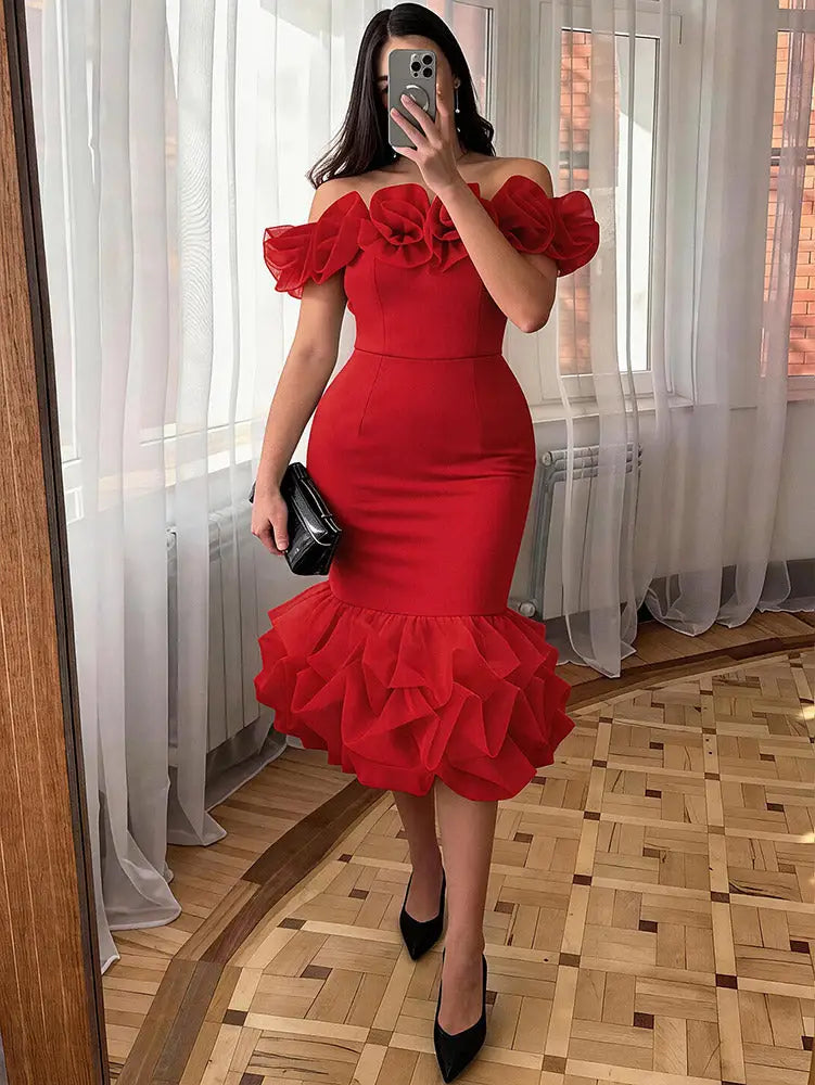 AOMEIDRESS Bodycon Dress Off Shoulder Tiered Ruffled Patchwork Mesh - Red / S
