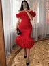 AOMEIDRESS Bodycon Dress Off Shoulder Tiered Ruffled Patchwork Mesh - Red / S