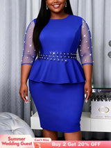 AOMEIDRESS Bodycon Dress Paneled Sheer Mesh Sleeves Beading Ruffles - Blue / S