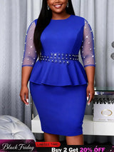 AOMEIDRESS Bodycon Dress Paneled Sheer Mesh Sleeves Beading Ruffles - Blue / S