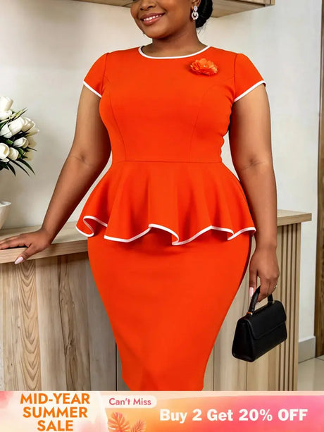 AOMEIDRESS Bodycon Dress Short Sleeve Appliques Color Block Binding - Orange / L