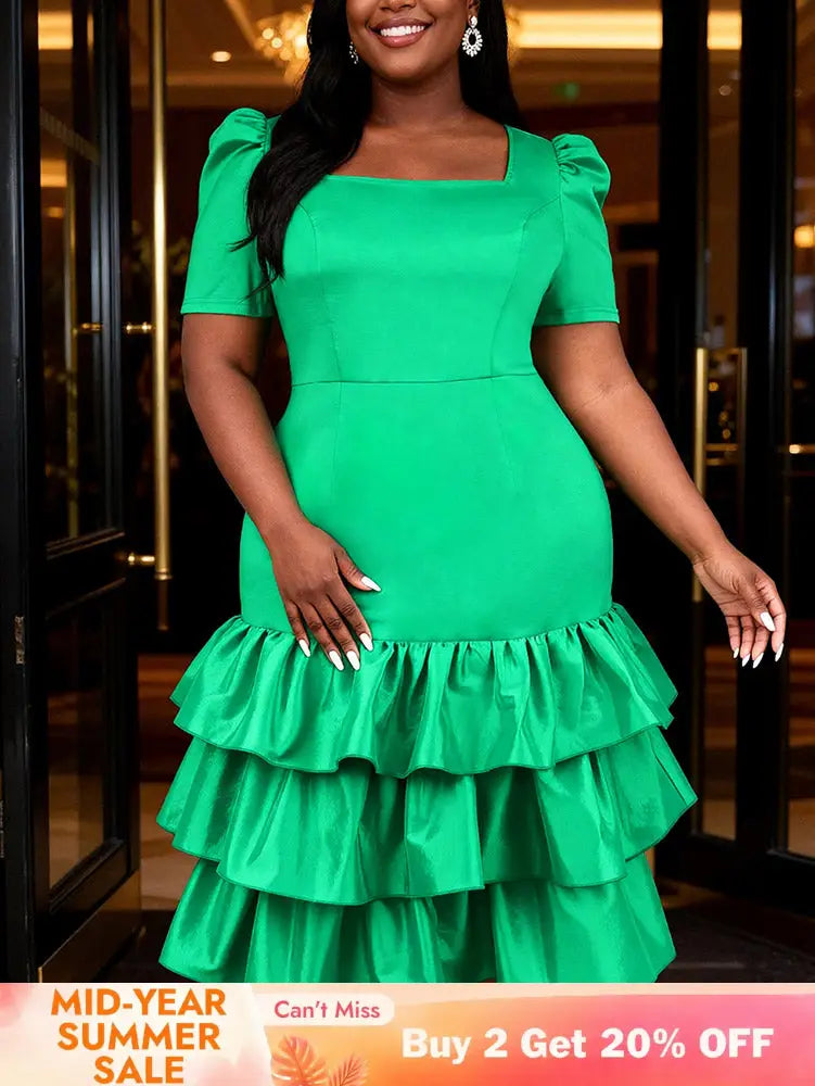 AOMEIDRESS Bodycon Dress Square Collar Short Sleeves Ruffle Layered - Green / S