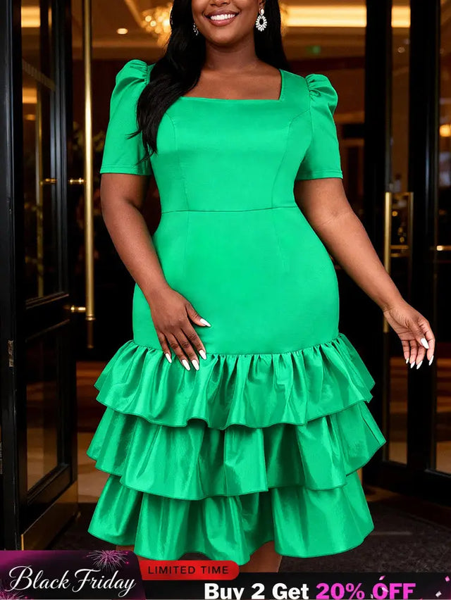 AOMEIDRESS Bodycon Dress Square Collar Short Sleeves Ruffle Layered - Green / S