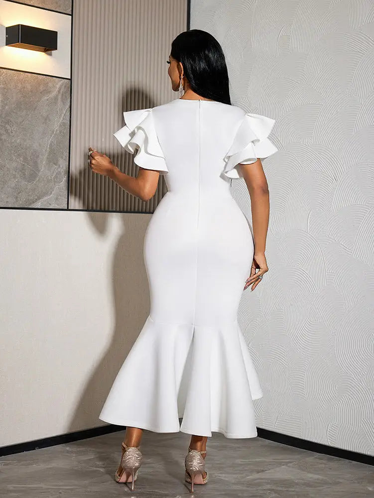 AOMEIDRESS Bodycon Dress V Neck Ruffle Sleeve High Waist Mermaid Hem