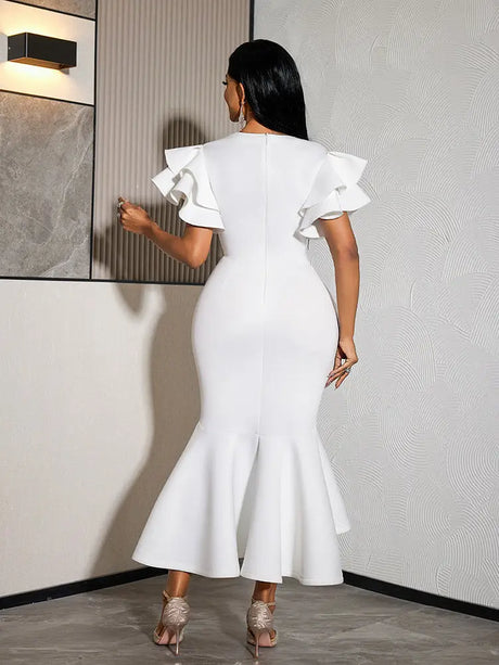 AOMEIDRESS Bodycon Dress V Neck Ruffle Sleeve High Waist Mermaid Hem