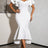 AOMEIDRESS Bodycon Dress V Neck Ruffle Sleeve High Waist Mermaid Hem - White / S