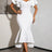 AOMEIDRESS Bodycon Dress V Neck Ruffle Sleeve High Waist Mermaid Hem - White / S