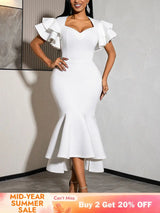 AOMEIDRESS Bodycon Dress V Neck Ruffle Sleeve High Waist Mermaid Hem - White / S