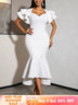 AOMEIDRESS Bodycon Dress V Neck Ruffle Sleeve High Waist Mermaid Hem - White / S