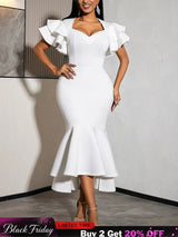 AOMEIDRESS Bodycon Dress V Neck Ruffle Sleeve High Waist Mermaid Hem - White / S