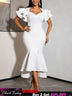 AOMEIDRESS Bodycon Dress V Neck Ruffle Sleeve High Waist Mermaid Hem - White / S
