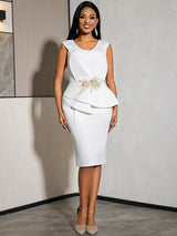 AOMEIDRESS Bodycon Dress V Neck Sleeveless Appliques Irregular Peplum