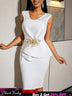 AOMEIDRESS Bodycon Dress V Neck Sleeveless Appliques Irregular Peplum - White / S