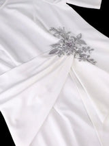 AOMEIDRESS Bodycon Dresses O Neck Half Sleeve Waist Rhinestone Draped