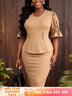 AOMEIDRESS Bodycon Dresses O Neck Puff Sleeves Buttons Office Church - Khaki / S