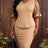 AOMEIDRESS Bodycon Dresses O Neck Puff Sleeves Buttons Office Church - Khaki / S