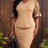 AOMEIDRESS Bodycon Dresses O Neck Puff Sleeves Buttons Office Church - Khaki / S