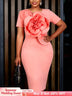 AOMEIDRESS Bodycon Dresses O Neck Short Sleeves Big 3D Flower Party - Pink / S