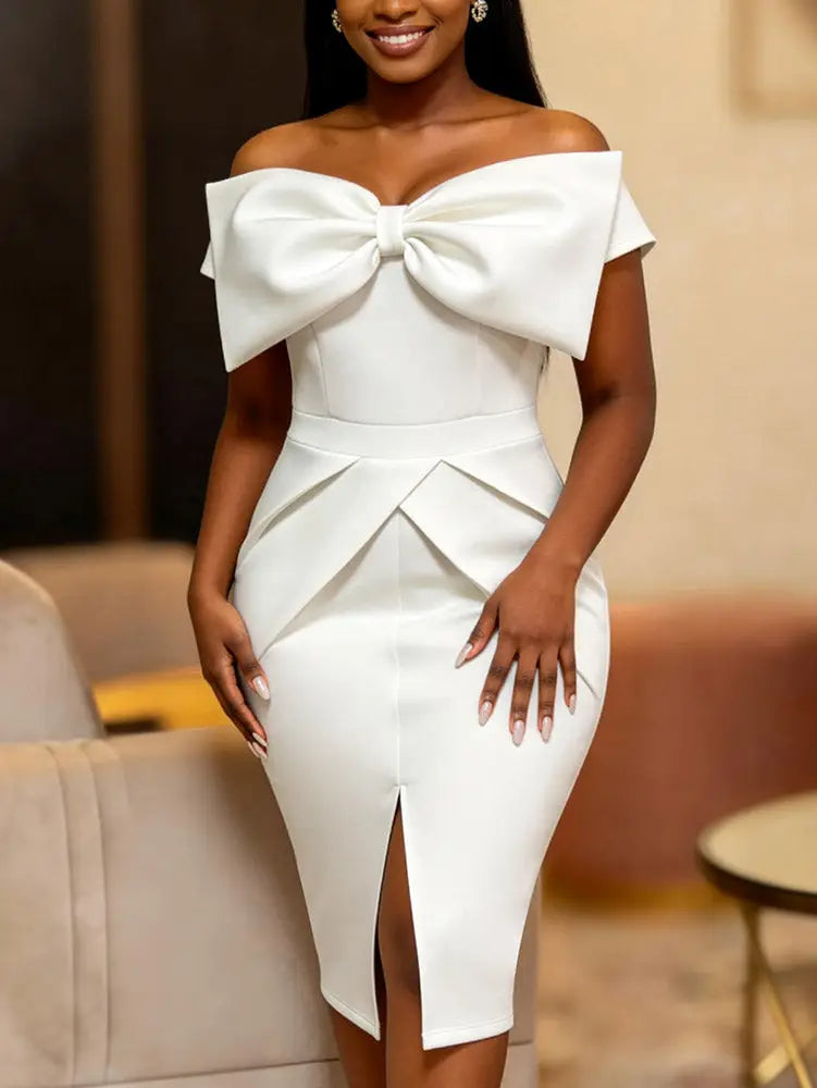 AOMEIDRESS Bodycon Dresses Off Shoulder Big Bow Slit Hem Package Hip