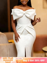 AOMEIDRESS Bodycon Dresses Off Shoulder Big Bow Slit Hem Package Hip - White / S