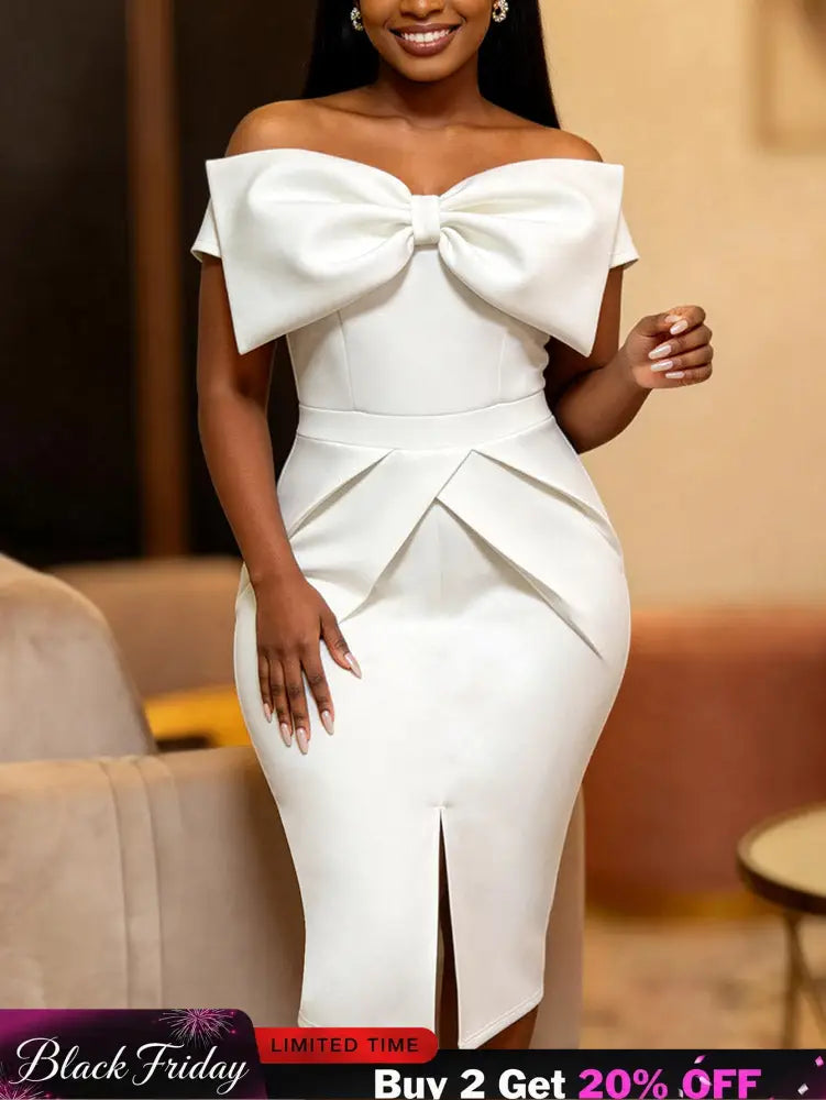 AOMEIDRESS Bodycon Dresses Off Shoulder Big Bow Slit Hem Package Hip - White / S