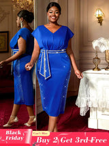 AOMEIDRESS Bodycon Dresses Shiny Waist Belt V Neck Elegant Plus Size Women Blue / S