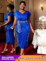 AOMEIDRESS Bodycon Dresses Shiny Waist Belt V Neck Elegant Plus Size Women Blue / S