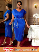 AOMEIDRESS Bodycon Dresses Shiny Waist Belt V Neck Elegant Plus Size Women Blue / S