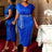 AOMEIDRESS Bodycon Dresses Shiny Waist Belt V Neck Elegant Plus Size Women Blue / S