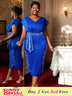 AOMEIDRESS Bodycon Dresses Shiny Waist Belt V Neck Elegant Plus Size Women Blue / S