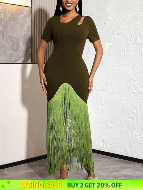 AOMEIDRESS Bodycon Fringe Dress Irregular Cutout Neck Short Sleeves - Olive Green / S