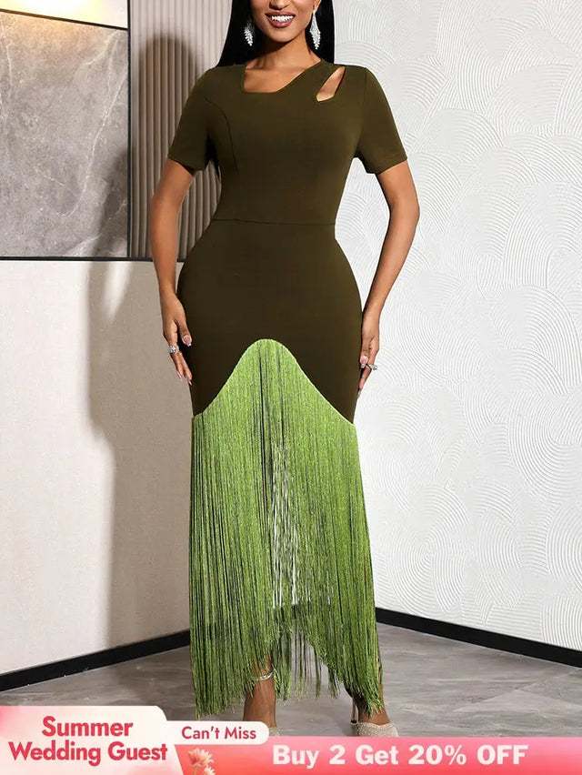 AOMEIDRESS Bodycon Fringe Dress Irregular Cutout Neck Short Sleeves - Olive Green / S