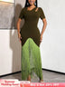 AOMEIDRESS Bodycon Fringe Dress Irregular Cutout Neck Short Sleeves - Olive Green / S