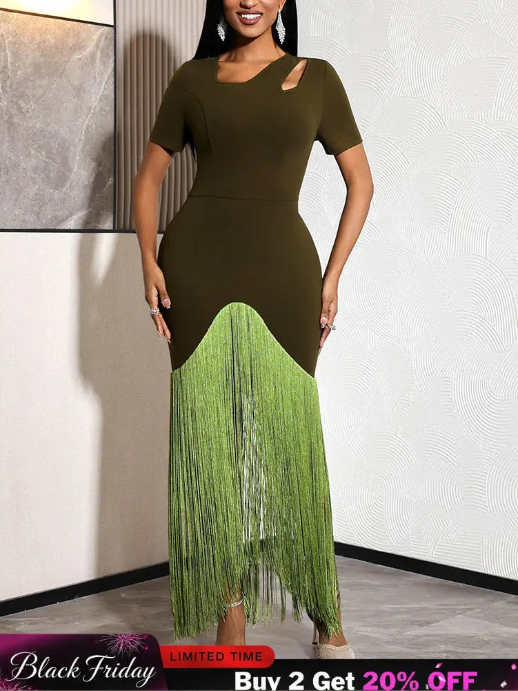 AOMEIDRESS Bodycon Fringe Dress Irregular Cutout Neck Short Sleeves - Olive Green / S