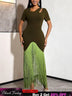 AOMEIDRESS Bodycon Fringe Dress Irregular Cutout Neck Short Sleeves - Olive Green / S