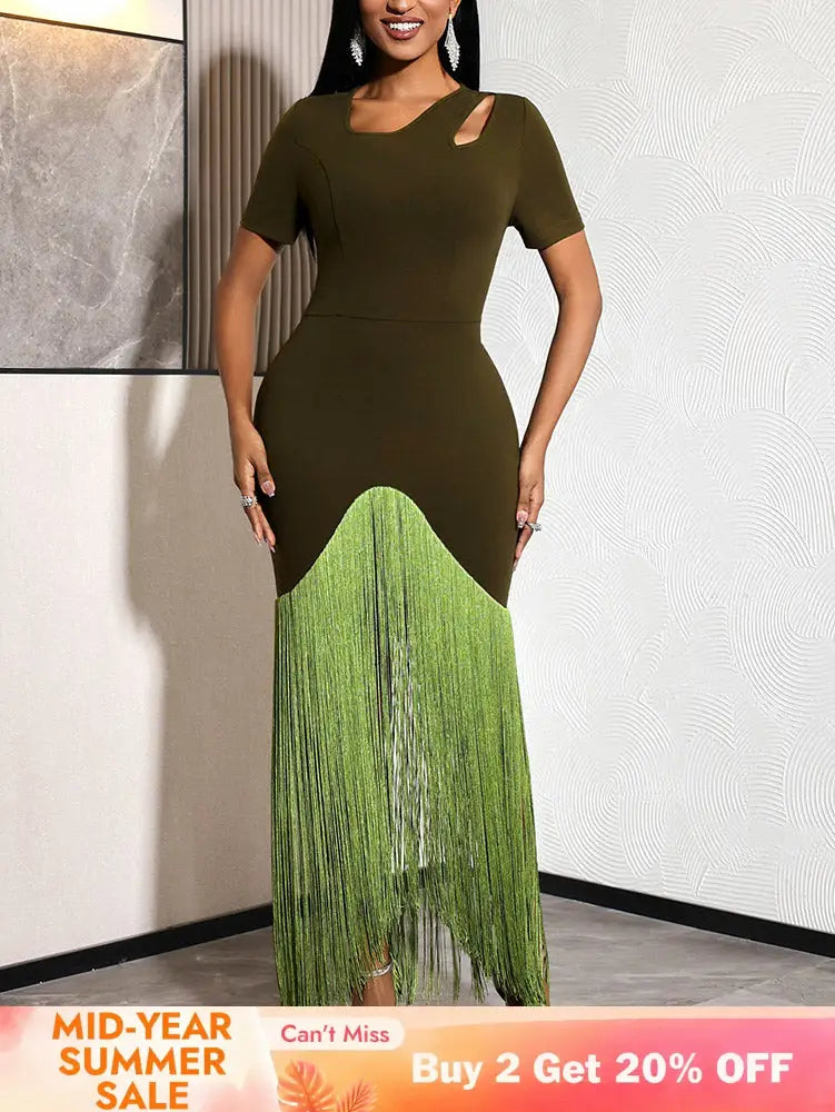 AOMEIDRESS Bodycon Fringe Dress Irregular Cutout Neck Short Sleeves - Olive Green / S