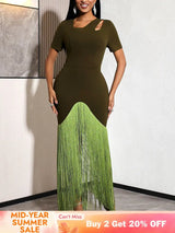 AOMEIDRESS Bodycon Fringe Dress Irregular Cutout Neck Short Sleeves - Olive Green / S