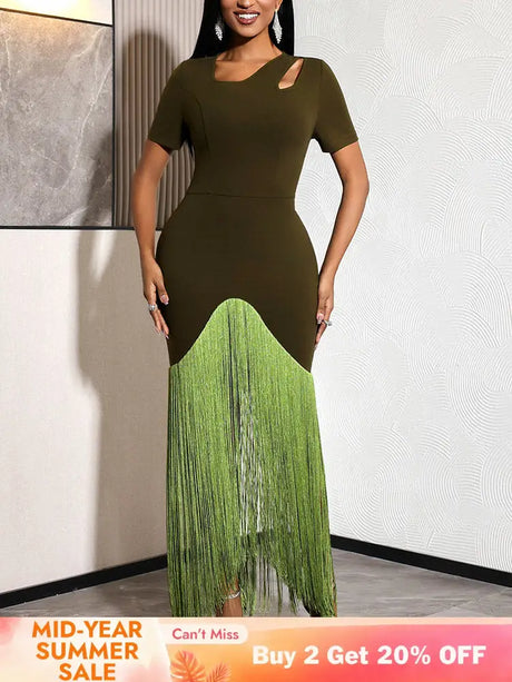 AOMEIDRESS Bodycon Fringe Dress Irregular Cutout Neck Short Sleeves - Olive Green / S