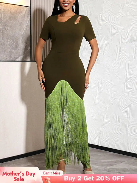 AOMEIDRESS Bodycon Fringe Dress Irregular Cutout Neck Short Sleeves - Olive Green / S
