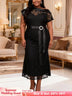 AOMEIDRESS Bodycon Lace Dress Splicing Slanted Collar Belt Party Gown - Black / L
