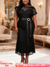 AOMEIDRESS Bodycon Lace Dress Splicing Slanted Collar Belt Party Gown - Black / L