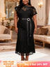 AOMEIDRESS Bodycon Lace Dress Splicing Slanted Collar Belt Party Gown - Black / L